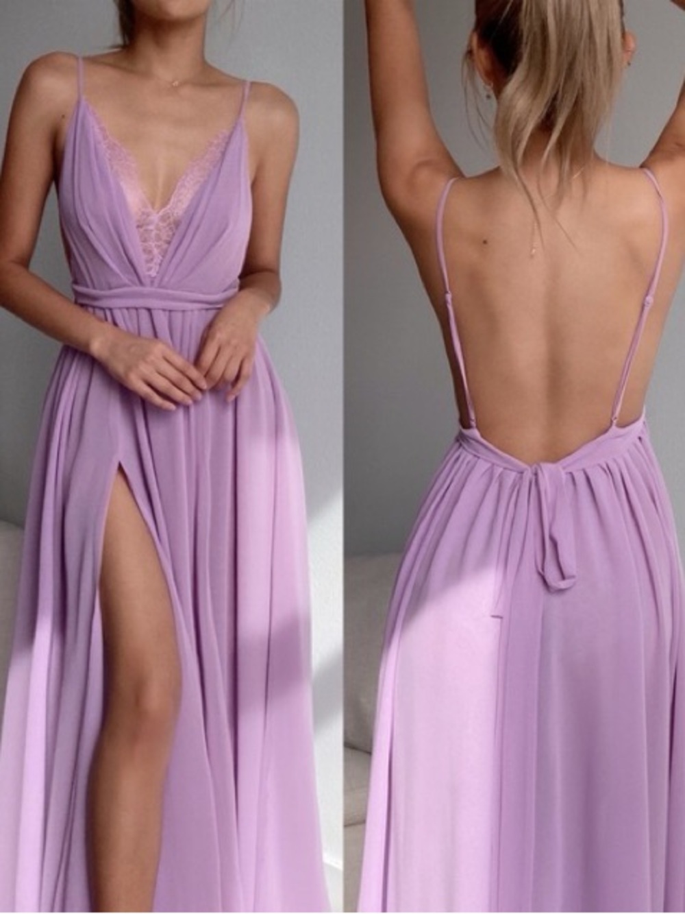 NWT Michael Costello x Revolve Justin Backless Lace-Trim Gown in Lavendar